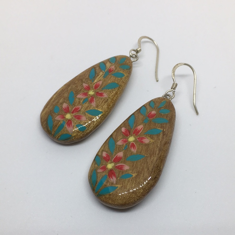 Hand Painted Walnut Wood Sterling Silver Teardrop Earrings Turquoise Pink Floral
